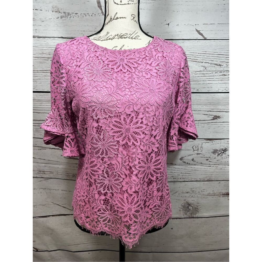 Nanette Lepore Women's Pink Lace Bell Sleeve Flutter Top Blouse XS
